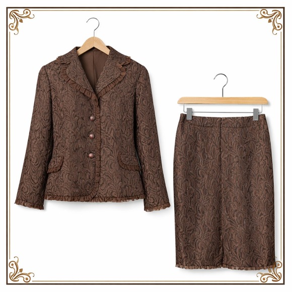 Chocolate Brown Brocade Skirt Suit Set Ruffle Trim Womens 14 Event Wedding 2pc